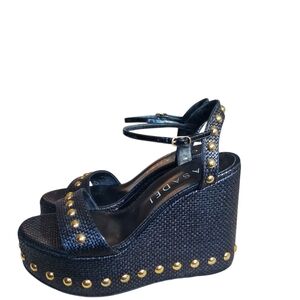 Casadei Black Raffia Wedges with Gold Studs